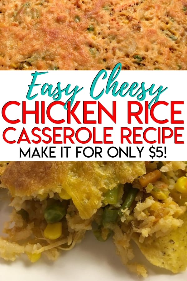 Easy Cheesy Chicken Rice Casserole - This is a super easy, delicious, and cheap dinner meal that only takes 5 minutes of prep work and only costs $5 to make! This is a great way to use up leftovers and you probably have all of these ingredients in your kitchen right now. This will leave you some great leftovers for lunch too! 